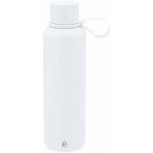 A drink bottle in a sleek white design with a looped handle and a screw-on lid. It features a simple logo.