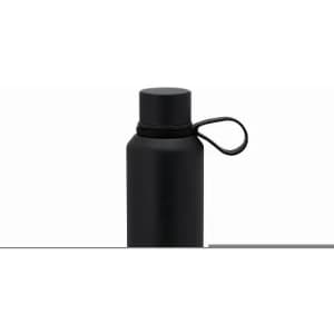 A drink bottle in matte black with a screw-on lid and a loop handle for easy carrying.