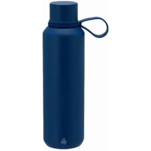 A drink bottle in a deep navy blue with a screw-on lid and a carrying loop. It features a logo on the body.