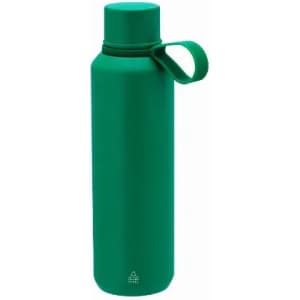 A drink bottle in a vibrant green colour, featuring a screw top lid and a side loop for carrying.