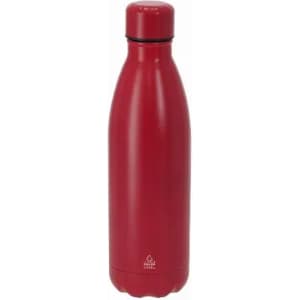 A drink bottle in a sleek red design with a curved shape and a matching screw-on lid. It features a logo.