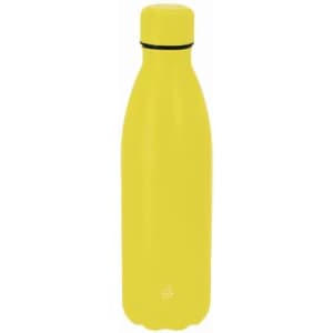 A drink bottle in vibrant yellow with a sleek design and a black accent near the top. It features a logo.