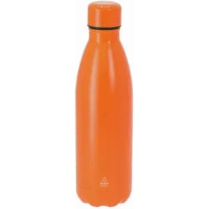 An orange drink bottle with a sleek design and a logo on the lower section.