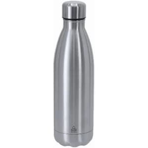 A stainless steel drink bottle with a sleek, silver finish and a rounded design. Features a logo on the base.