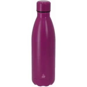 A drink bottle in a vibrant purple colour with a sleek design and a lid, featuring a logo on its surface.