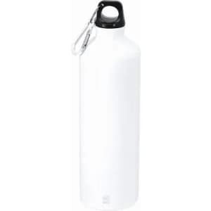A drink bottle in white with a black cap and a carabiner attached.