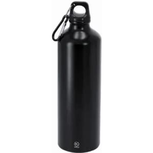 A black drink bottle with a simple design and a carabiner clip at the top. It features a logo.