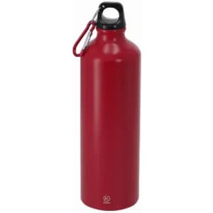 A drink bottle in a vibrant red colour with a black cap and a carabiner clip.