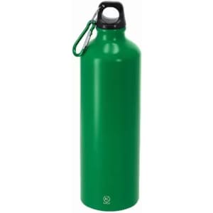 A drink bottle in vibrant green, featuring a black cap and a metal carabiner for easy attachment.