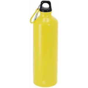 A drink bottle in bright yellow, featuring a black cap and a metal carabiner clip.