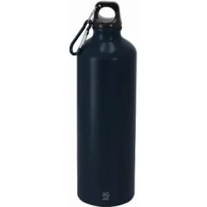 A drink bottle in navy, featuring a carabiner strap and a rounded design. It has a logo on the front.
