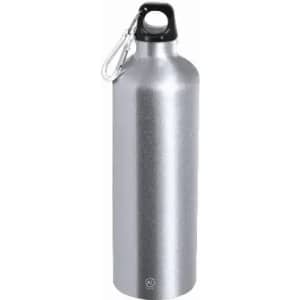 A drink bottle with a shiny silver finish and a black cap, featuring a carabiner clip for easy attachment.