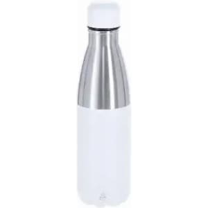 A drink bottle with a stainless steel body and a white exterior, featuring a sleek design and a screw-on lid.