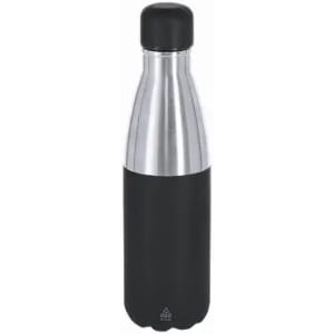 A drink bottle with a stainless steel body and a black silicone sleeve, featuring a black screw-on lid and a logo.