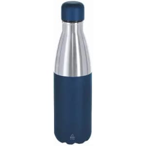A drink bottle featuring a stainless steel body and a blue matte finish, topped with a blue cap.