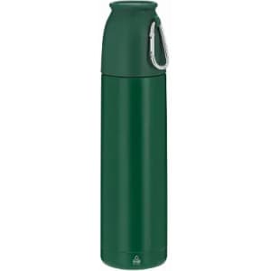 A drink bottle in dark green with a secure screw top and a metal carabiner attached.