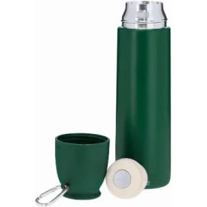 A green drink bottle with a silver lid, accompanied by a matching cup and a keychain attachment.