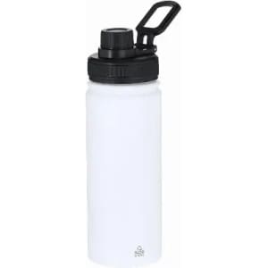 A drink bottle with a white body and a black lid, featuring a carrying handle and a brand logo.