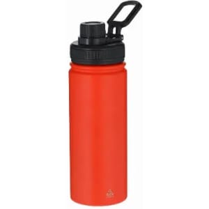 A drink bottle in bright red with a black lid and a flip-top cap, featuring a built-in handle and a logo.