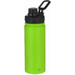 A drink bottle in bright green with a black lid and a clip handle, featuring a logo on the side.