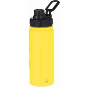 A drink bottle in bright yellow with a black lid and handle, featuring a logo on its side.