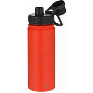 A drink bottle in vibrant red with a black lid and spout, featuring a simple design and a logo.