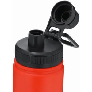 A drink bottle in red with a black lid and a flip-top opening, featuring a cap and a handle.