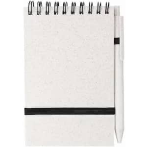 A notebook with a spiral binding, featuring a speckled white cover and a black elastic band, accompanied by a white pen.