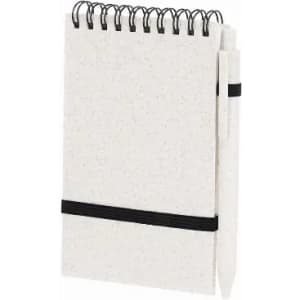 A notebook with a spiral binding, featuring a black elastic band and a pen attached, in a speckled white colour.