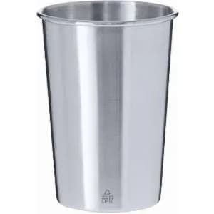 A drink bottle made of stainless steel, featuring a shiny, polished silver finish and a simple design.