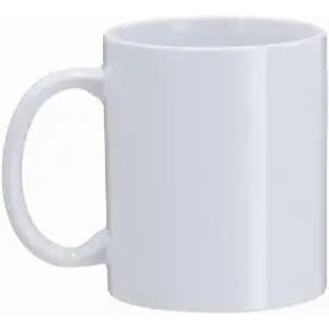 A drink bottle with a solid white ceramic design and a comfortable handle, featuring a logo.
