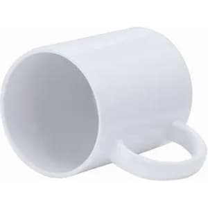 A white mug with a simple handle and a smooth finish, featuring a plain design and no text.