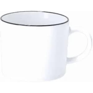 A white mug with a black rim and handle, featuring a simple design.