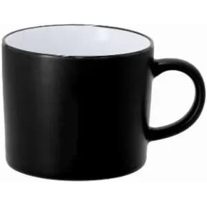 A drink mug in black with a white interior and a curved handle, featuring a simple design.