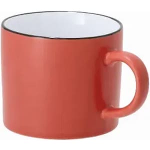 A mug in a vibrant coral colour with a black rim and a single handle.