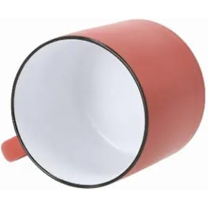 A drink mug in coral red with a white interior and a black rim. It has a side handle and a smooth finish.