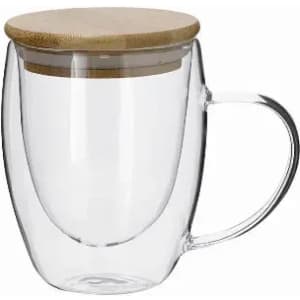 A drink bottle with a clear double-walled glass body and a wooden lid. Smooth handle and elegant design.