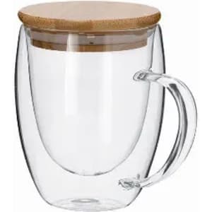 A drink bottle with a clear double-walled design and a bamboo lid, featuring a handle for easy holding.
