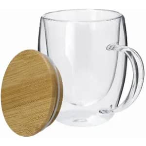 A clear glass mug with a bamboo lid, featuring a handle and a double-walled design for insulation.