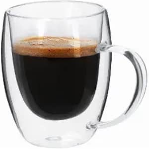 A double-walled glass mug with a clear exterior, containing black coffee.