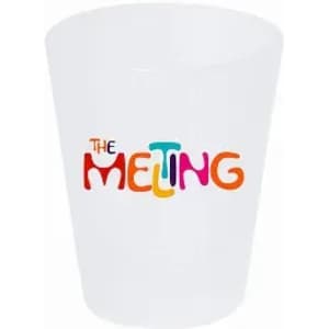 A white cup featuring the words "THE MELTING" in colourful letters. The cup has a smooth, curved shape.