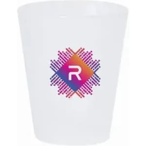 A white cup featuring a colourful geometric logo in pink, purple, and blue.