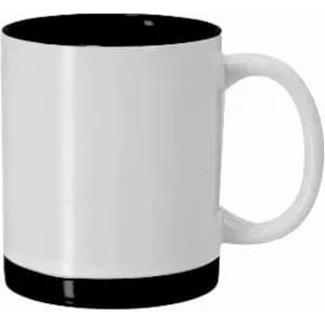 A mug featuring a white body with a black interior and base, complete with a handle and a logo.
