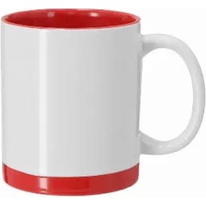 A drink bottle with a white exterior and a red interior, featuring a red base and a handle. It has a logo.