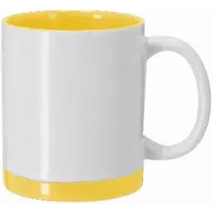 A drink bottle featuring a white exterior with a yellow interior and base, complete with a handle.