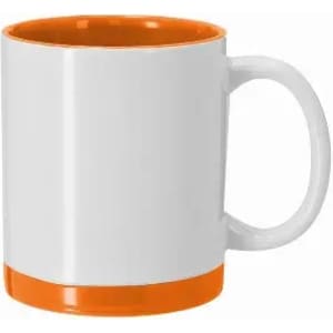 A drink bottle featuring a white exterior with an orange base and interior, complete with a handle.
