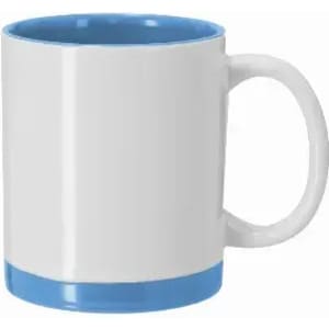 A drink bottle featuring a white body with a blue interior and base, including a handle and a logo.