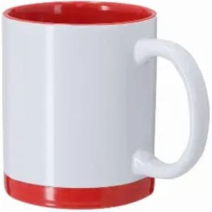 A drink bottle with a white exterior and a red interior, featuring a red base and a white handle.