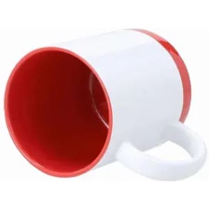 A drink bottle featuring a white exterior with a red interior and a red rim, complete with a handle and branding.