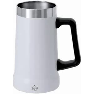 A drink bottle with a white body and stainless steel rim, featuring a black handle and a logo on the base.